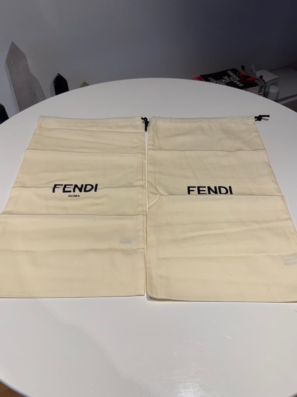 Pair of Fendi Cream Drawstring Dust Bags with Black Logo